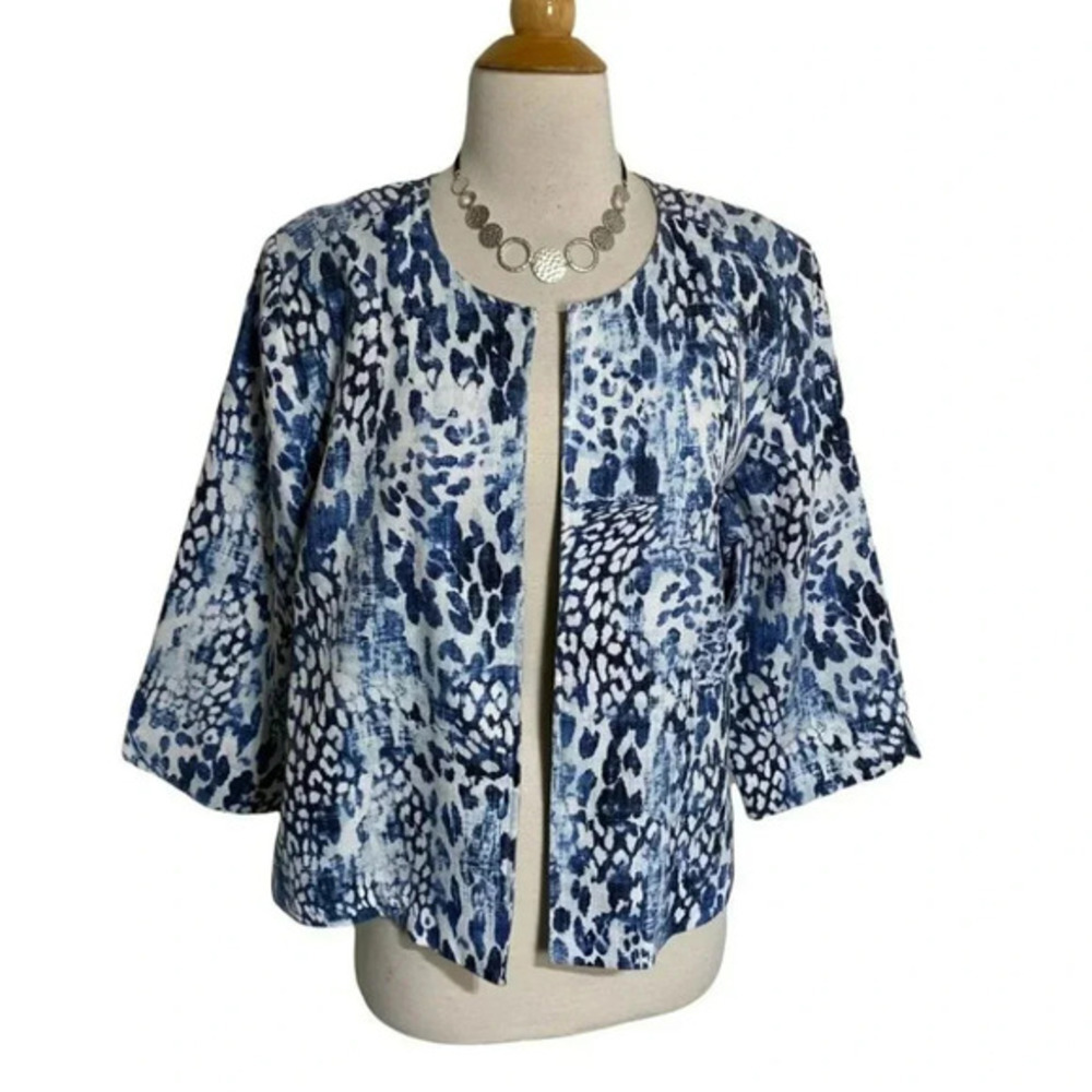 Sag Harbor Animal Print Jacket Large Blue White Open Front 3/4 Sleeve Padded